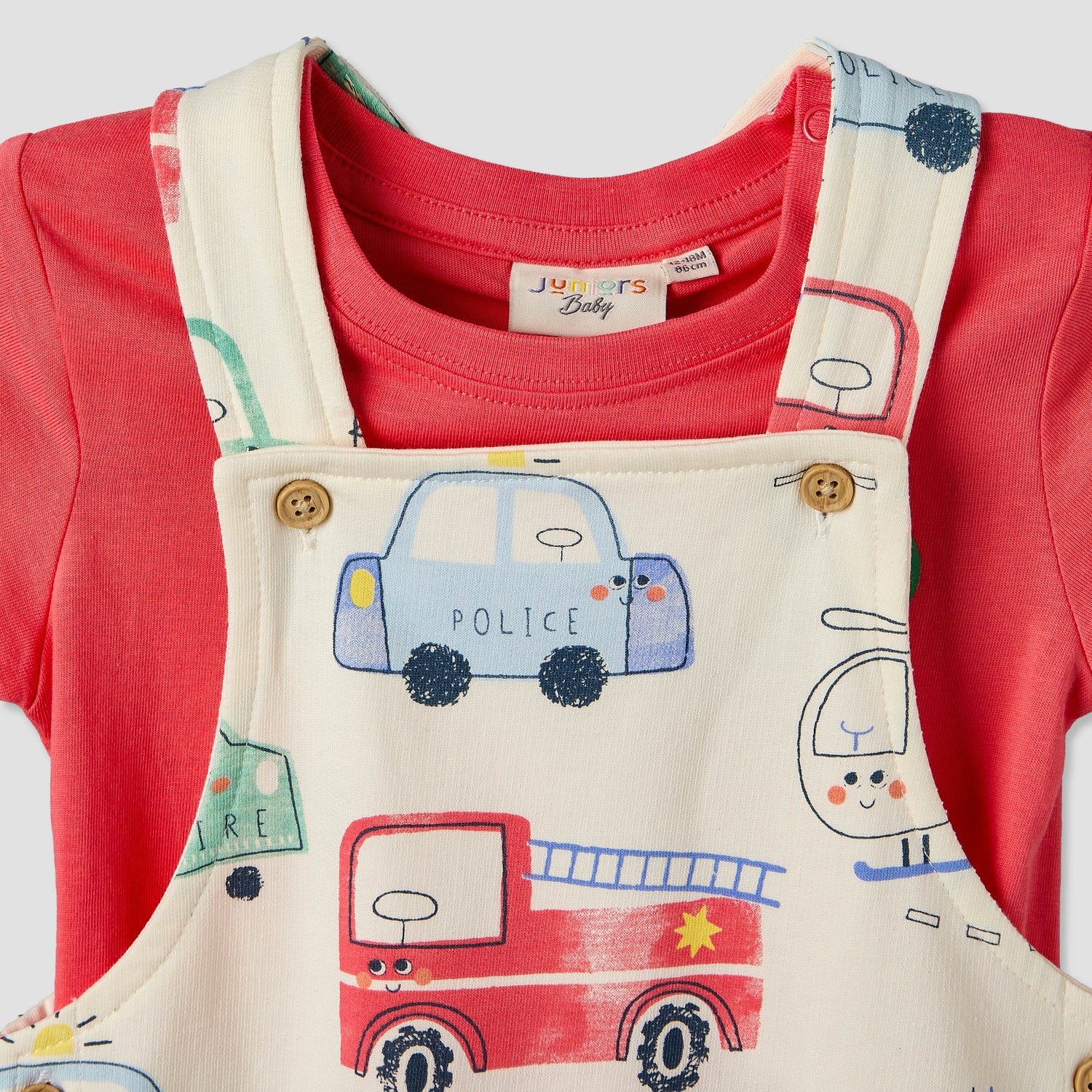 Juniors Crew Neck Short Sleeves T-shirt and Dungaree Set with Vehicle Print