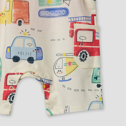 Juniors Crew Neck Short Sleeves T-shirt and Dungaree Set with Vehicle Print
