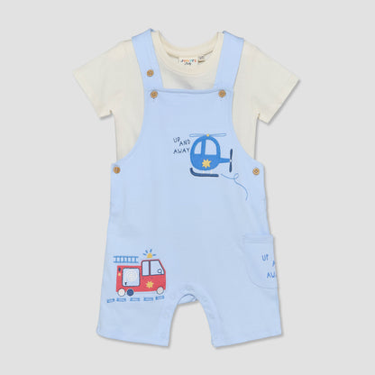 Juniors Crew Neck Short Sleeves T-shirt and Dungaree Set with Vehicle Applique - Multicolour / 12-18 mths