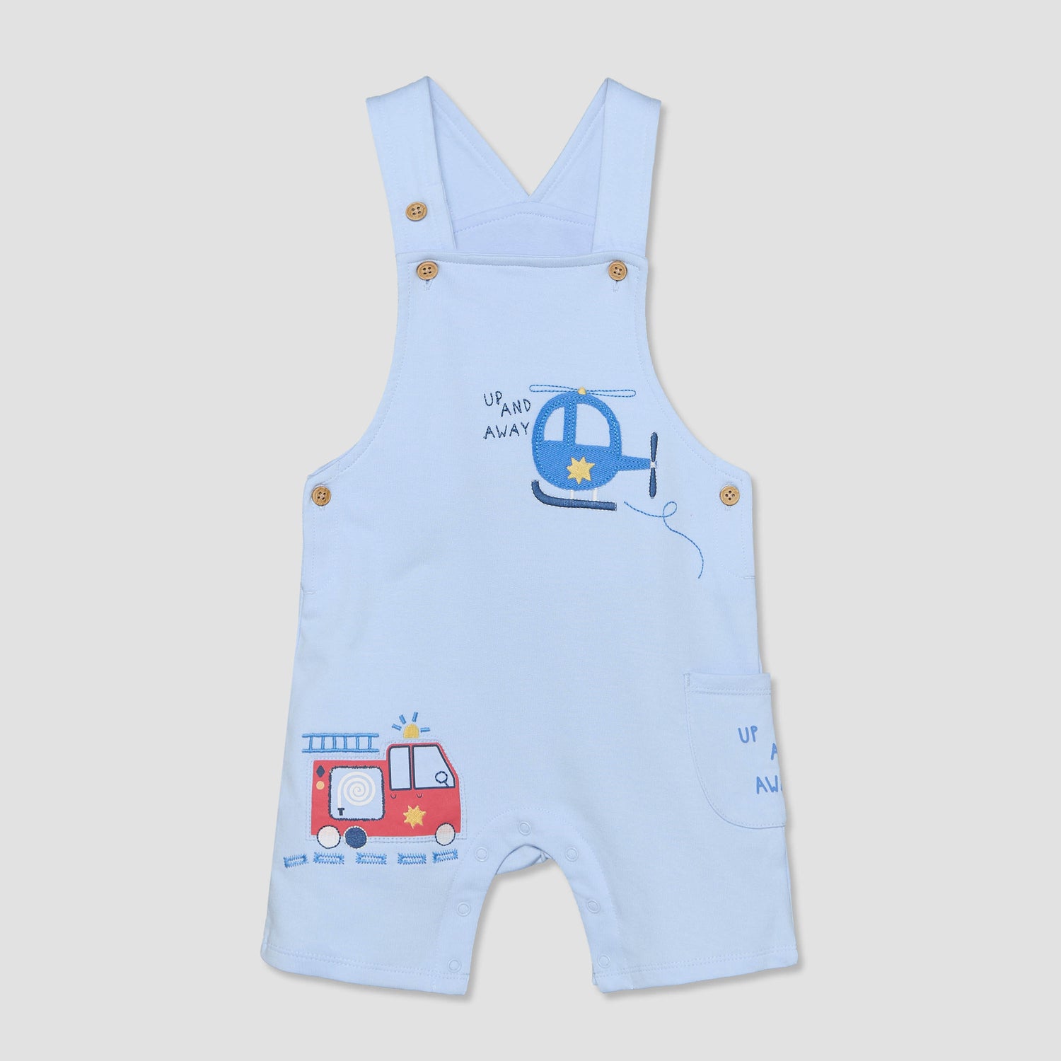 Juniors Crew Neck Short Sleeves T-shirt and Dungaree Set with Vehicle Applique