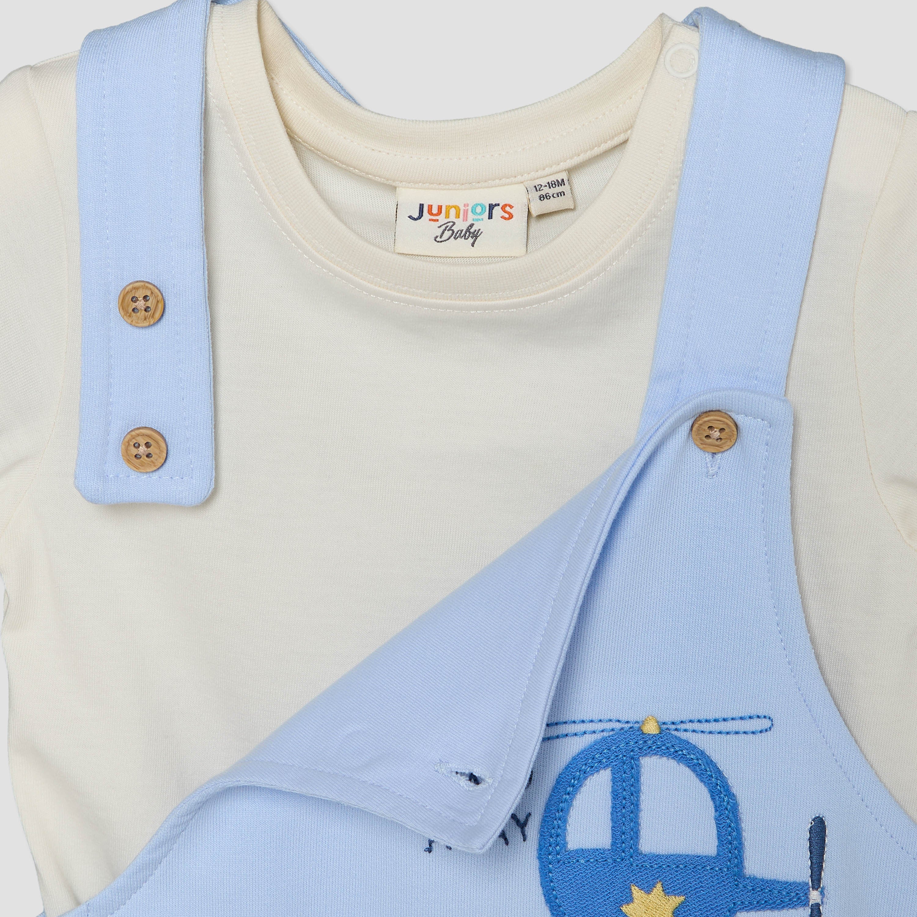 Juniors Crew Neck Short Sleeves T-shirt and Dungaree Set with Vehicle Applique