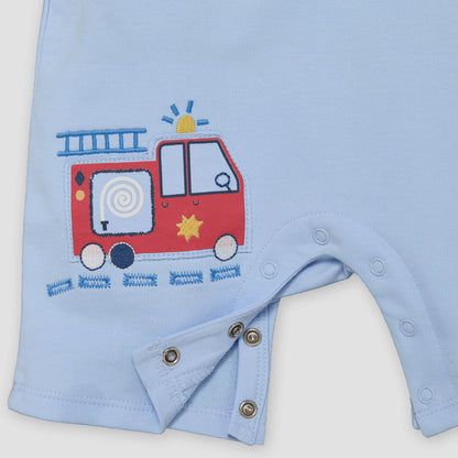 Juniors Crew Neck Short Sleeves T-shirt and Dungaree Set with Vehicle Applique