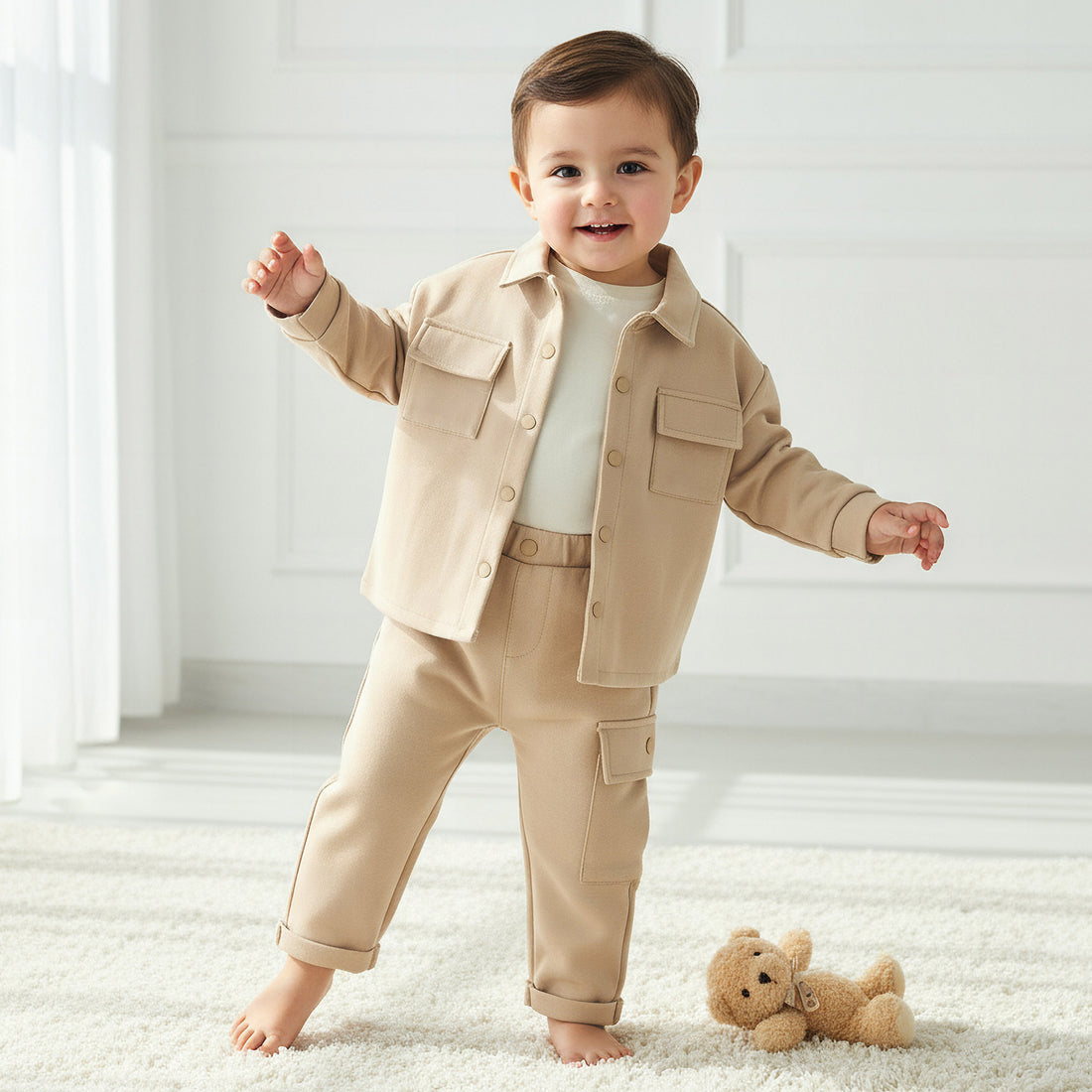 Juniors Collared Neck Long Sleeve Shirt and Pants Set with Pockets - Beige / 18-24 mths