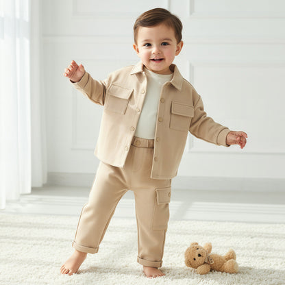 Juniors Collared Neck Long Sleeve Shirt and Pants Set with Pockets - Beige / 18-24 mths