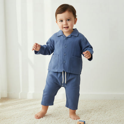 Juniors Camp Collar Long Sleeves Shirt and Pants Set with Pockets