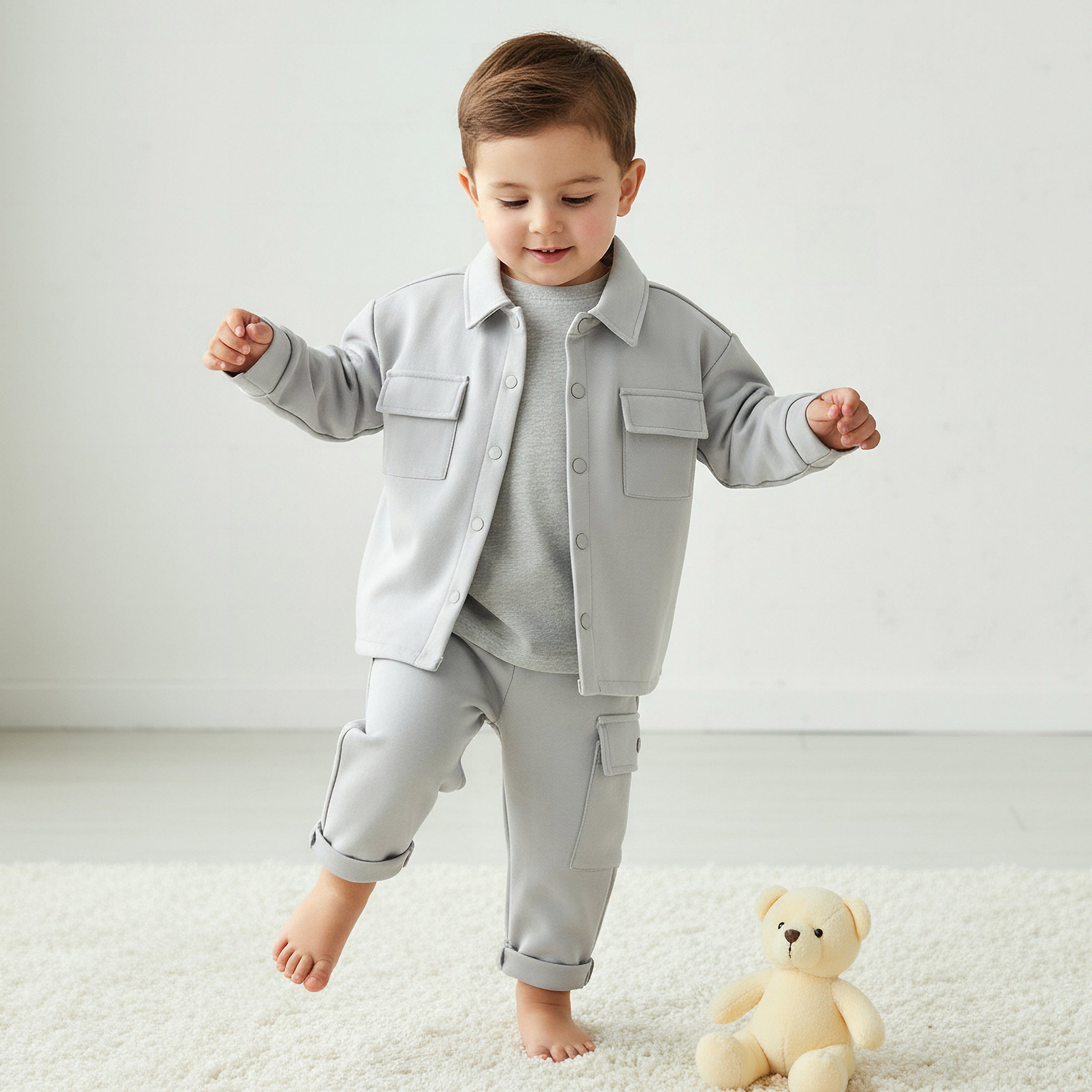 Juniors Collared Neck Long Sleeve Shirt and Pants Set with Pockets