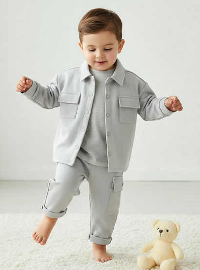 Juniors Collared Neck Long Sleeve Shirt and Pants Set with Pockets-baby-boys-clothing-setsandcoords-image-1