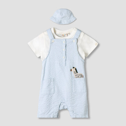Juniors Round Neck Short Sleeve T-shirt and Dungaree Set with Cap - Multicolour / 12-18 mths