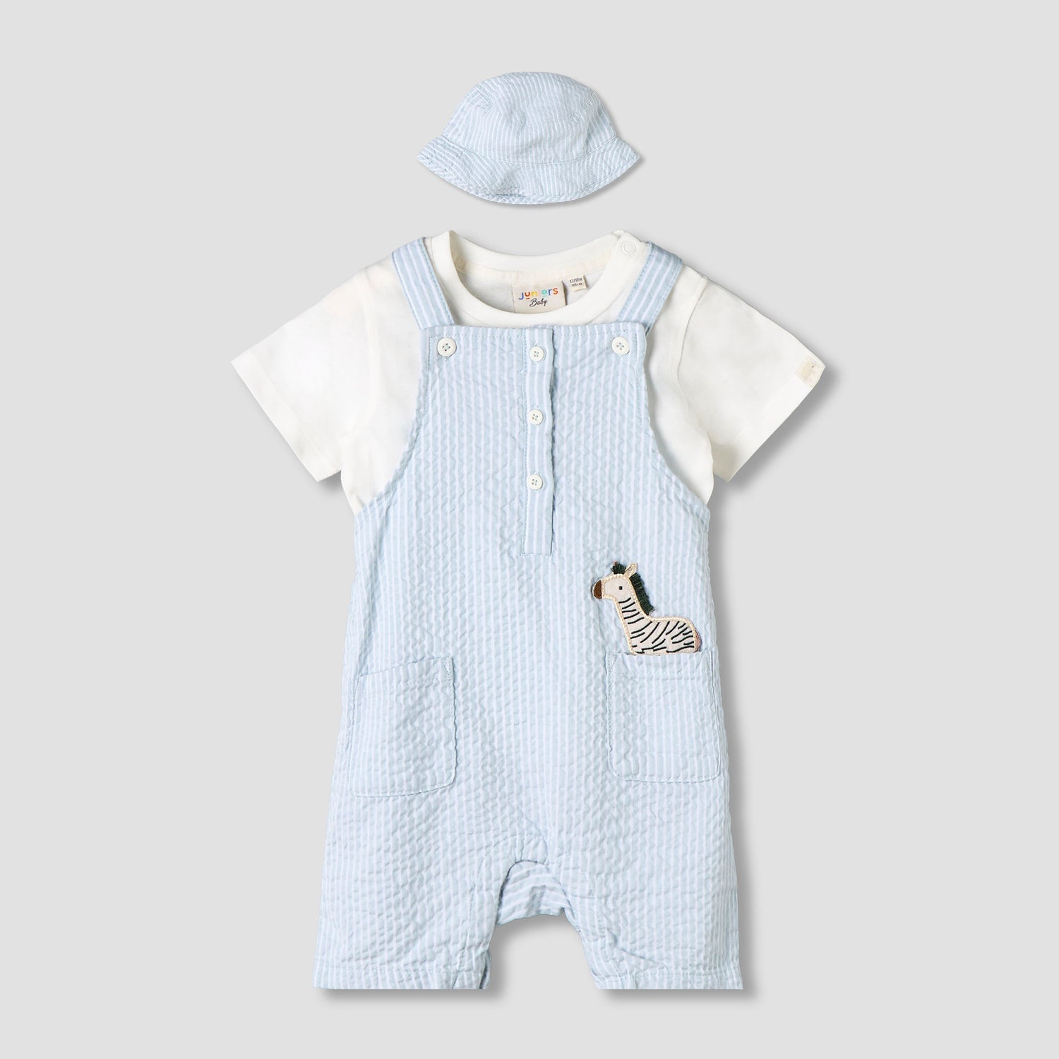 Juniors Round Neck Short Sleeve T-shirt and Dungaree Set with Cap