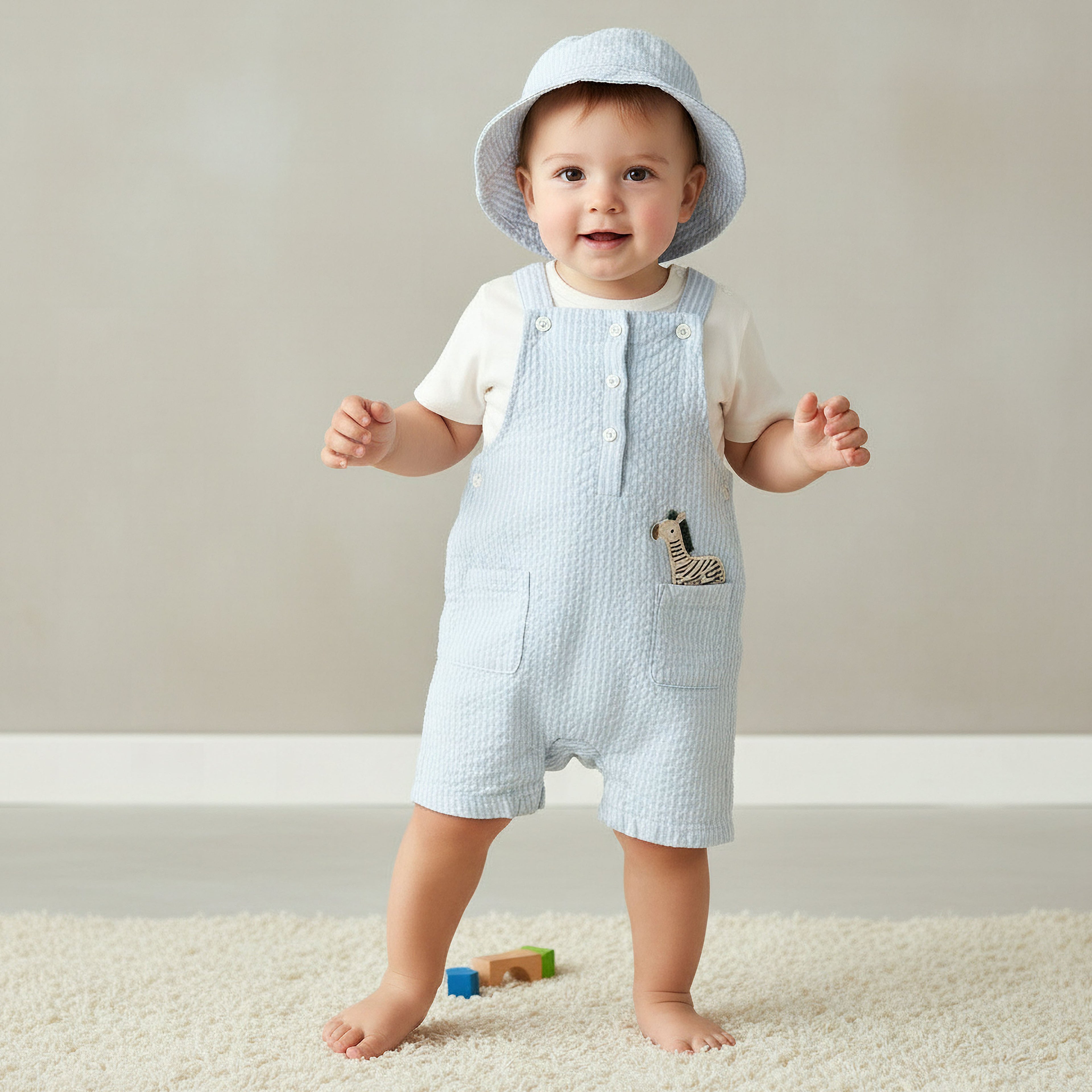 Juniors Round Neck Short Sleeve T-shirt and Dungaree Set with Cap