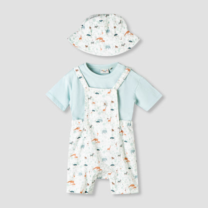 Juniors Round Neck Short Sleeve T-shirt and Dungaree Set with Cap - Multicolour / 12-18 mths