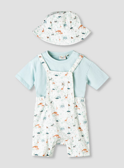 Juniors Round Neck Short Sleeve T-shirt and Dungaree Set with Cap-baby-boys-clothing-setsandcoords-image-2