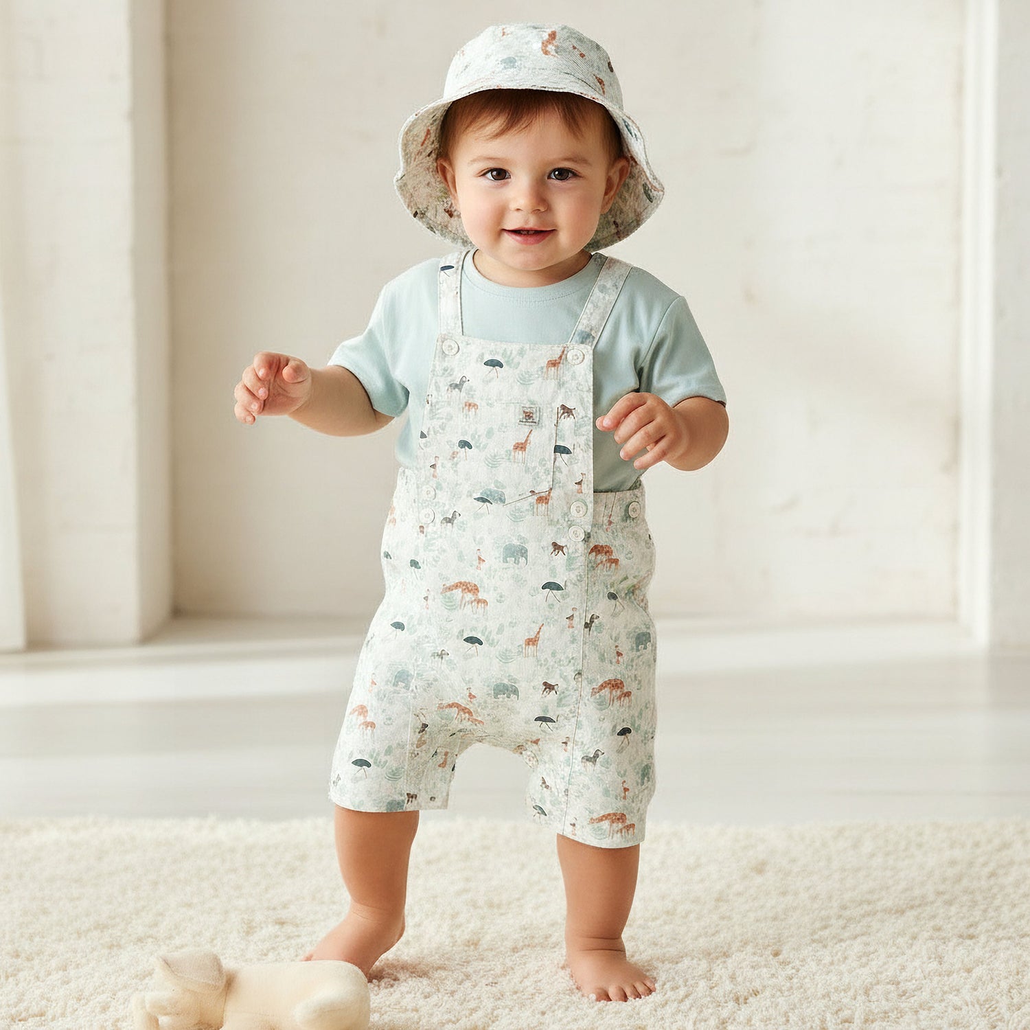 Juniors Round Neck Short Sleeve T-shirt and Dungaree Set with Cap - Multicolour / 18-24 mths