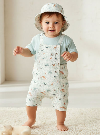 Juniors Round Neck Short Sleeve T-shirt and Dungaree Set with Cap-baby-boys-clothing-setsandcoords-image-1
