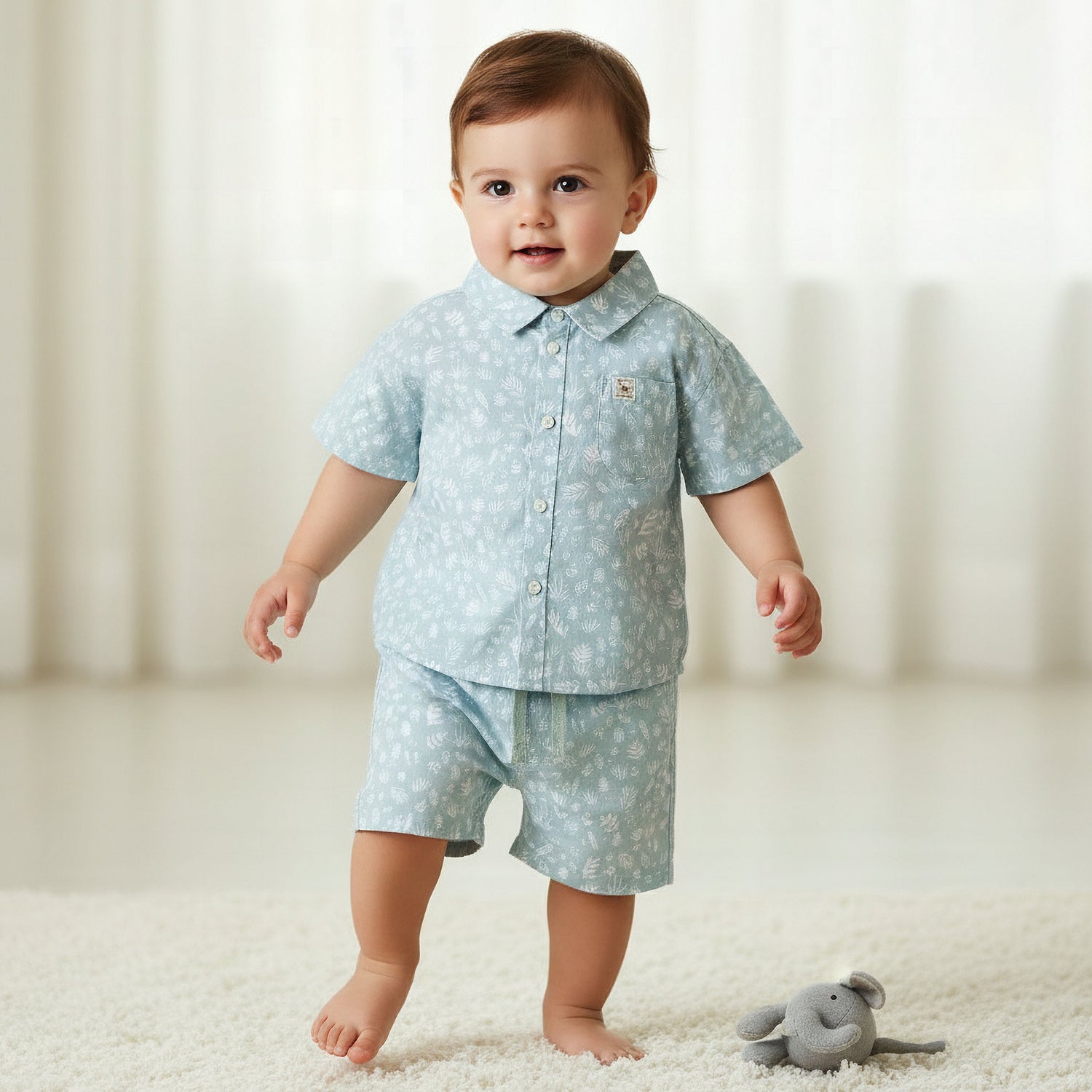 Juniors Collared Short Sleeves Shirt and Shorts Set with Print