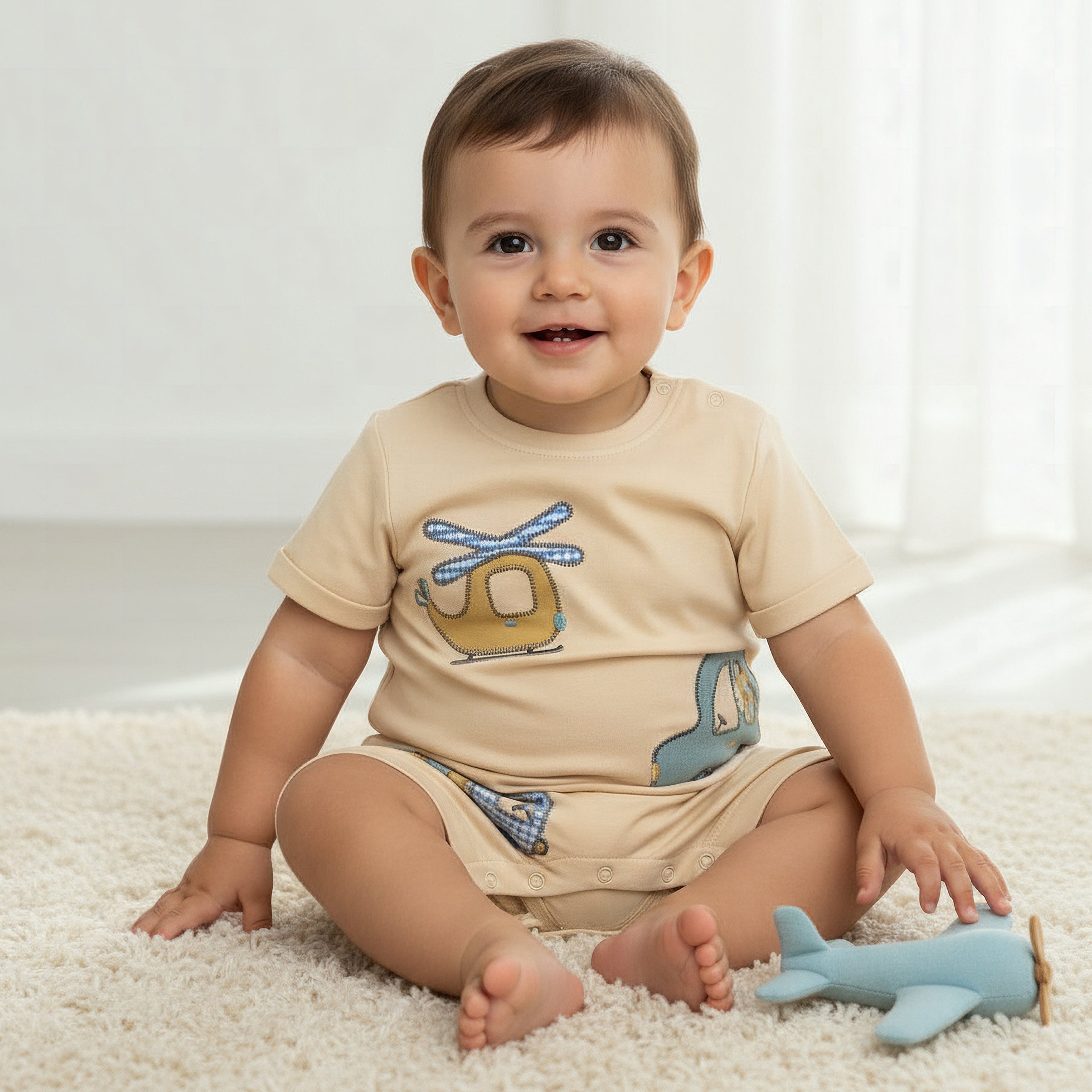 Juniors Crew Neck Short Sleeves Romper with Vehicle Embroidery