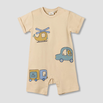 Juniors Crew Neck Short Sleeves Romper with Vehicle Embroidery