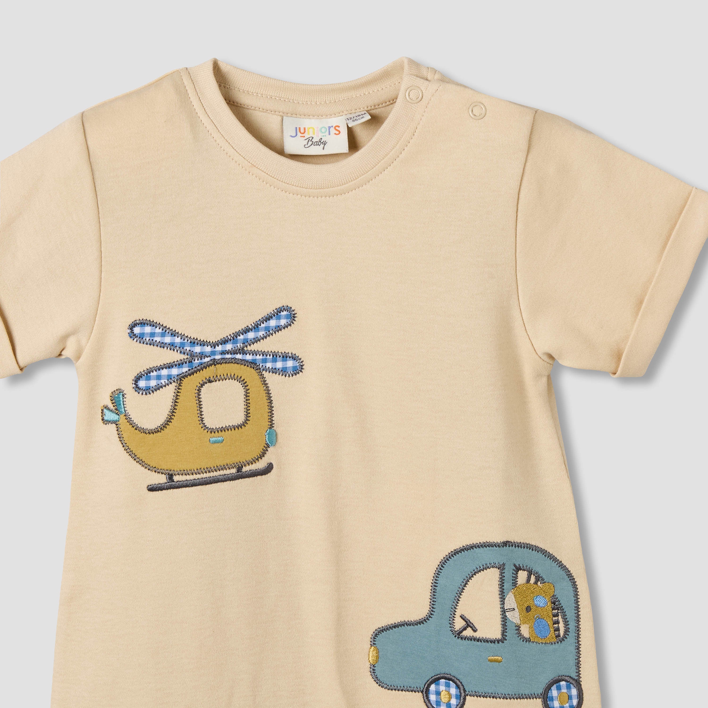 Juniors Crew Neck Short Sleeves Romper with Vehicle Embroidery