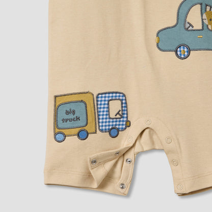 Juniors Crew Neck Short Sleeves Romper with Vehicle Embroidery