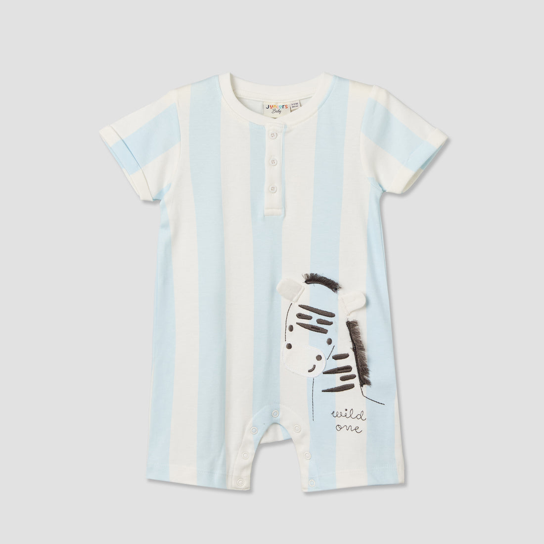 Juniors Henley Neck Short Sleeve Romper with Zebra Applique - Blue / 12-18 mths
