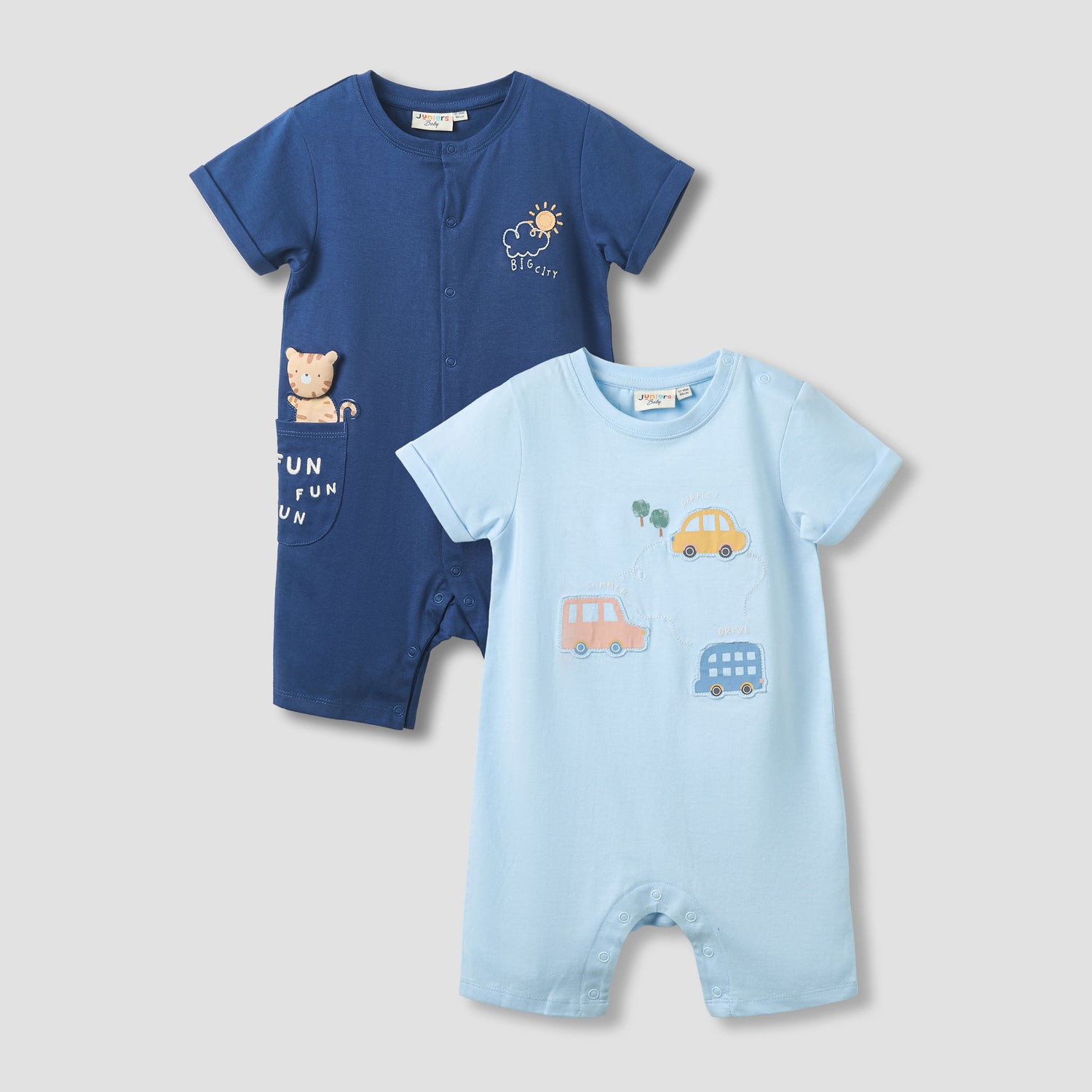 Juniors Crew Neck Short Sleeve Romper with Snap Button Closure - Pack of 2 - Blue / 12-18 mths