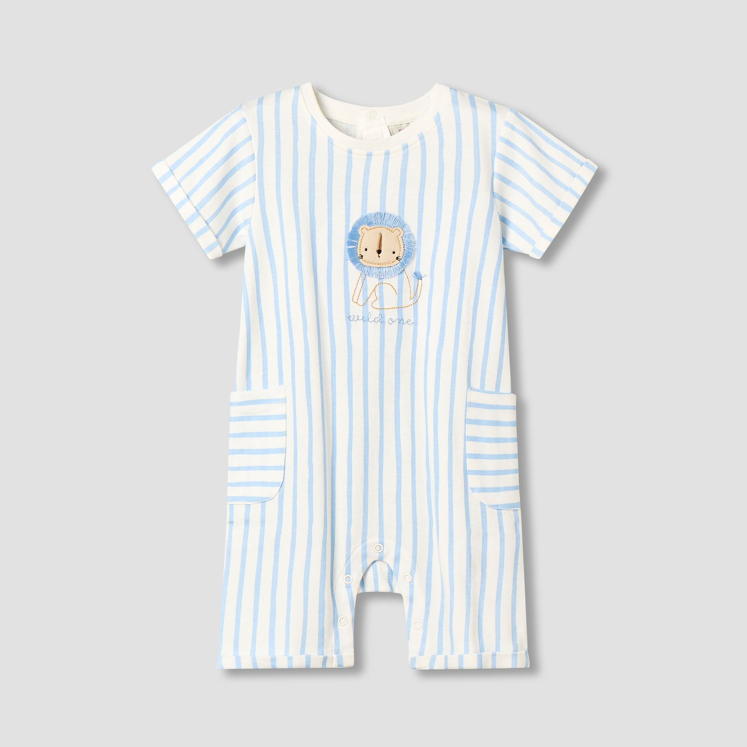 Juniors Crew Neck Short Sleeves Romper with Striped Lion Applique