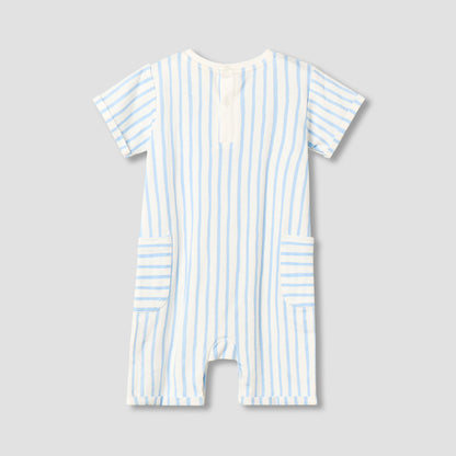 Juniors Crew Neck Short Sleeves Romper with Striped Lion Applique