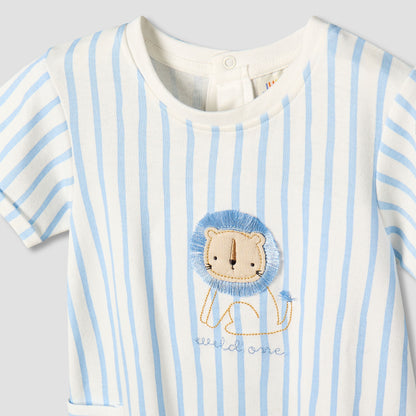Juniors Crew Neck Short Sleeves Romper with Striped Lion Applique