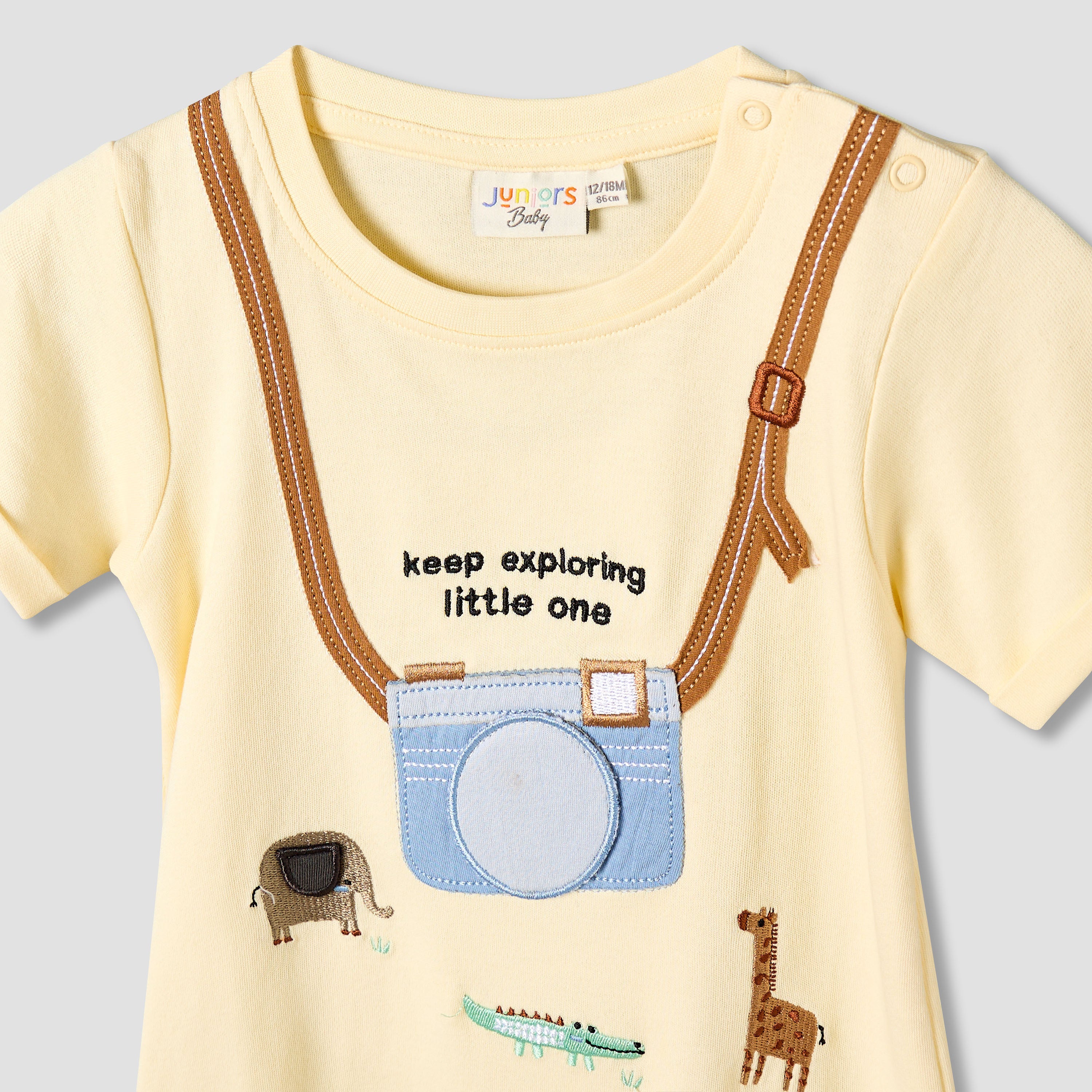 Juniors Crew Neck Short Sleeves Romper with Animal Embroidery