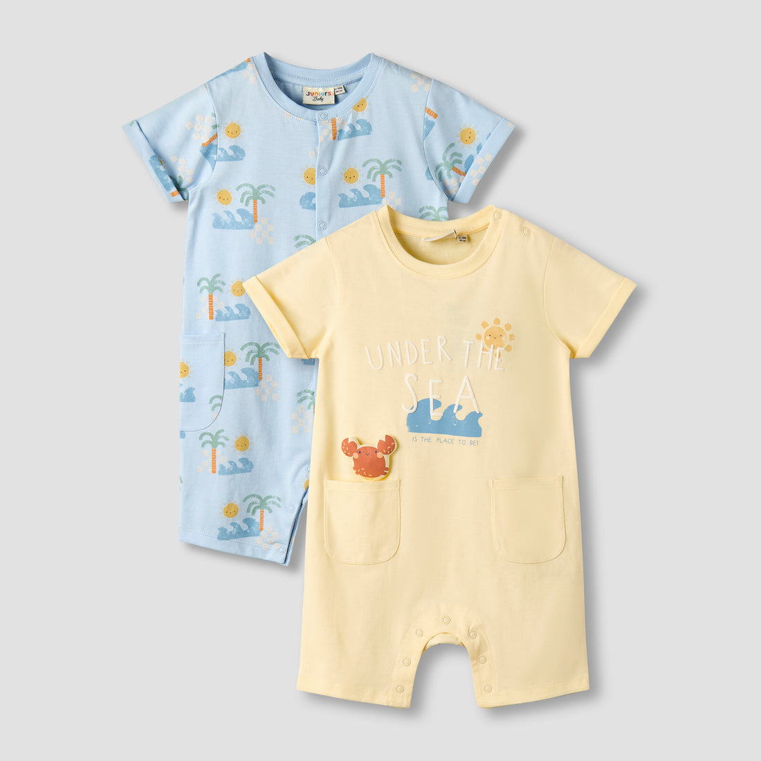 Pack of 2 Juniors Crew Neck Short Sleeves Romper with Snap Button Closure - Multicolour / 12-18 mths