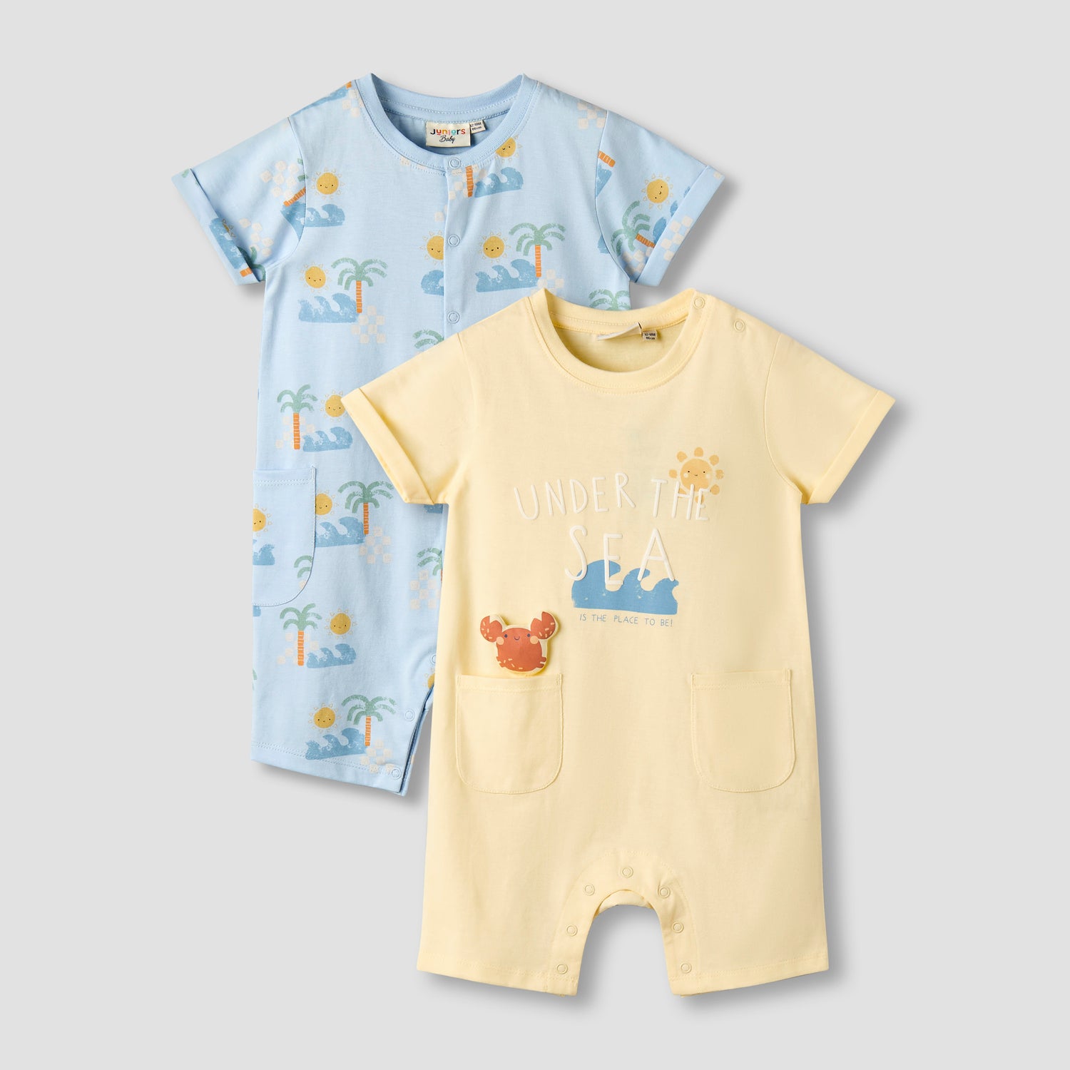 Pack of 2 Juniors Crew Neck Short Sleeves Romper with Snap Button Closure - Multicolour / 12-18 mths