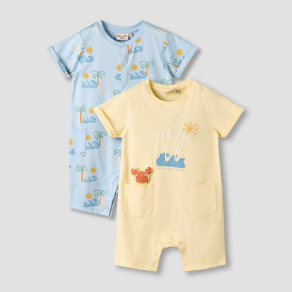 Pack of 2 Juniors Crew Neck Short Sleeves Romper with Snap Button Closure - Multicolour / 12-18 mths