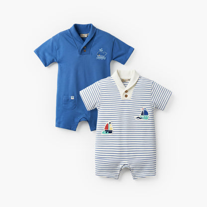 Pack of 2 Juniors Collared Neck Short Sleeve Romper with Embroidery - Multicolour / 12-18 mths
