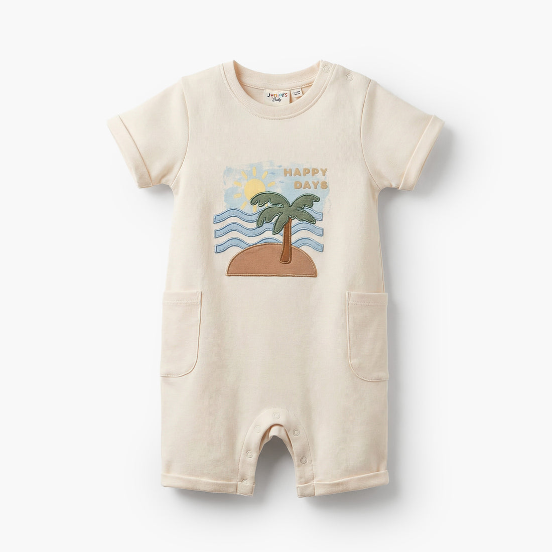 Juniors Crew Neck Short Sleeves Romper with Island Embroidery - White / 12-18 mths