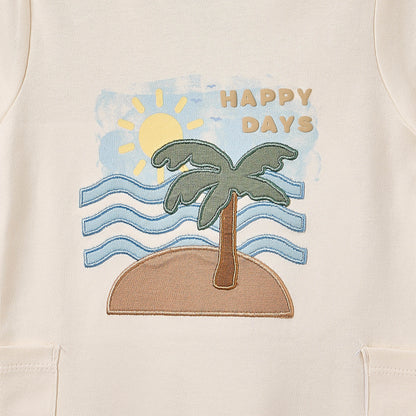 Juniors Crew Neck Short Sleeves Romper with Island Embroidery