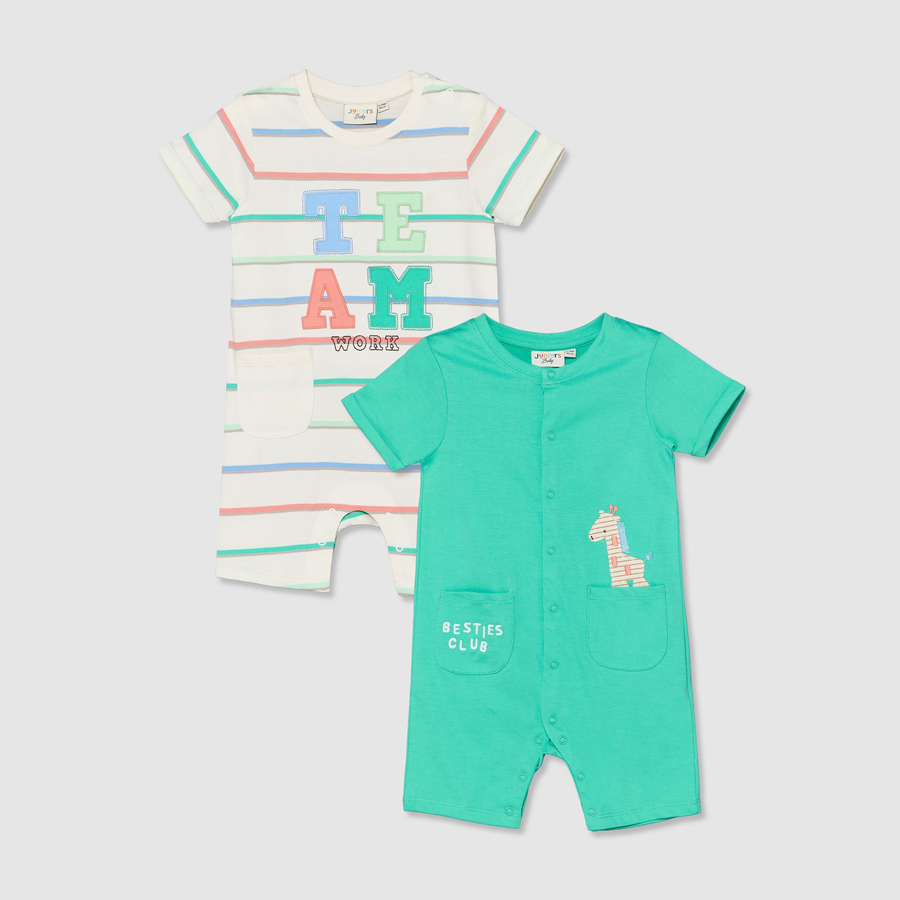 Pack of 2 Juniors Round Neck Short Sleeves Romper with Applique Detail - Multicolour / 12-18 mths