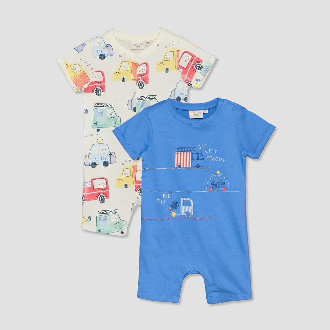 Pack of 2 Juniors Crew Neck Short Sleeves Romper with Vehicle Print - Multicolour / 12-18 mths