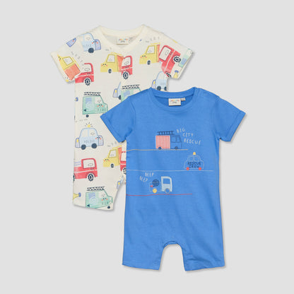 Pack of 2 Juniors Crew Neck Short Sleeves Romper with Vehicle Print - Multicolour / 12-18 mths