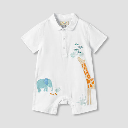 Juniors Collared Short Sleeves Romper with Animal Applique