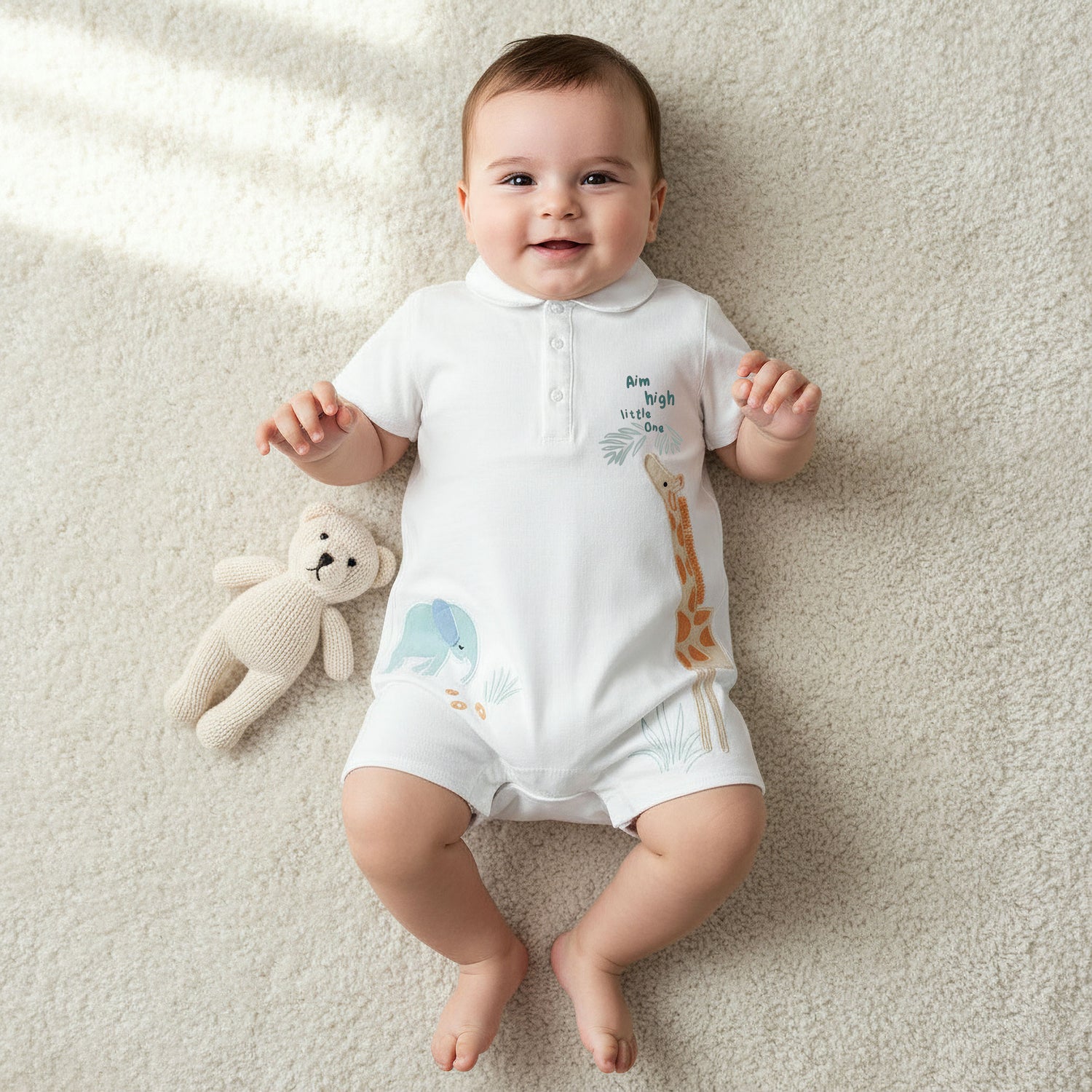 Juniors Collared Short Sleeves Romper with Animal Applique