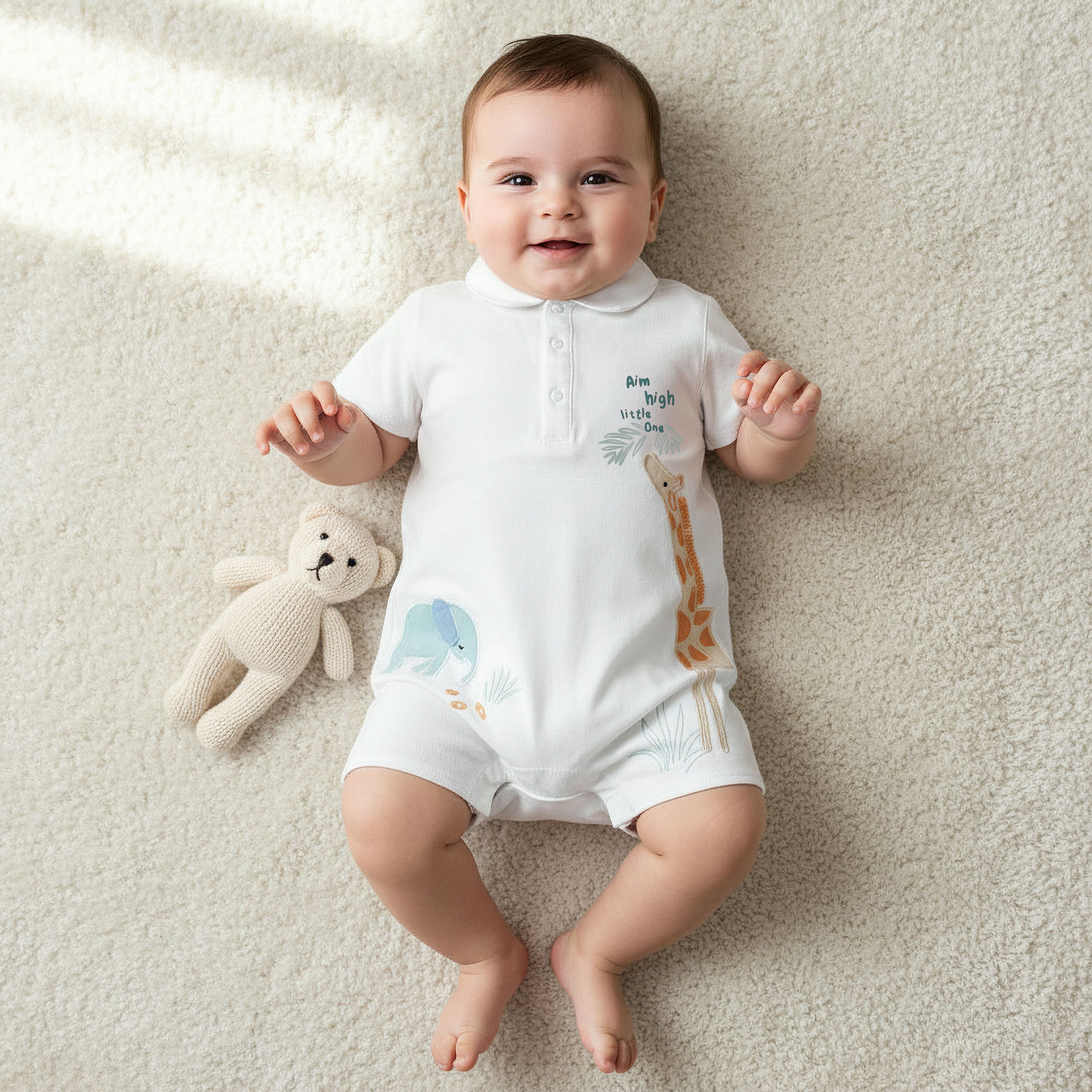Juniors Collared Short Sleeves Romper with Animal Applique