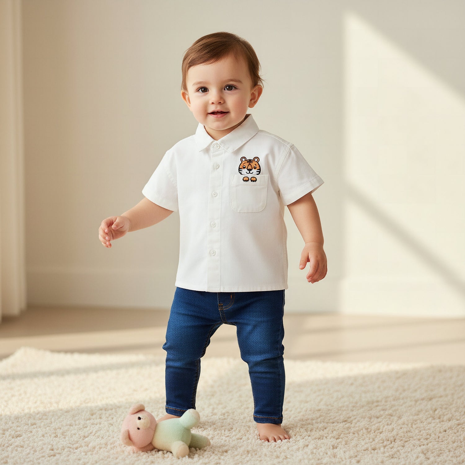 Juniors Short Sleeves Shirt with Tiger Embroidery
