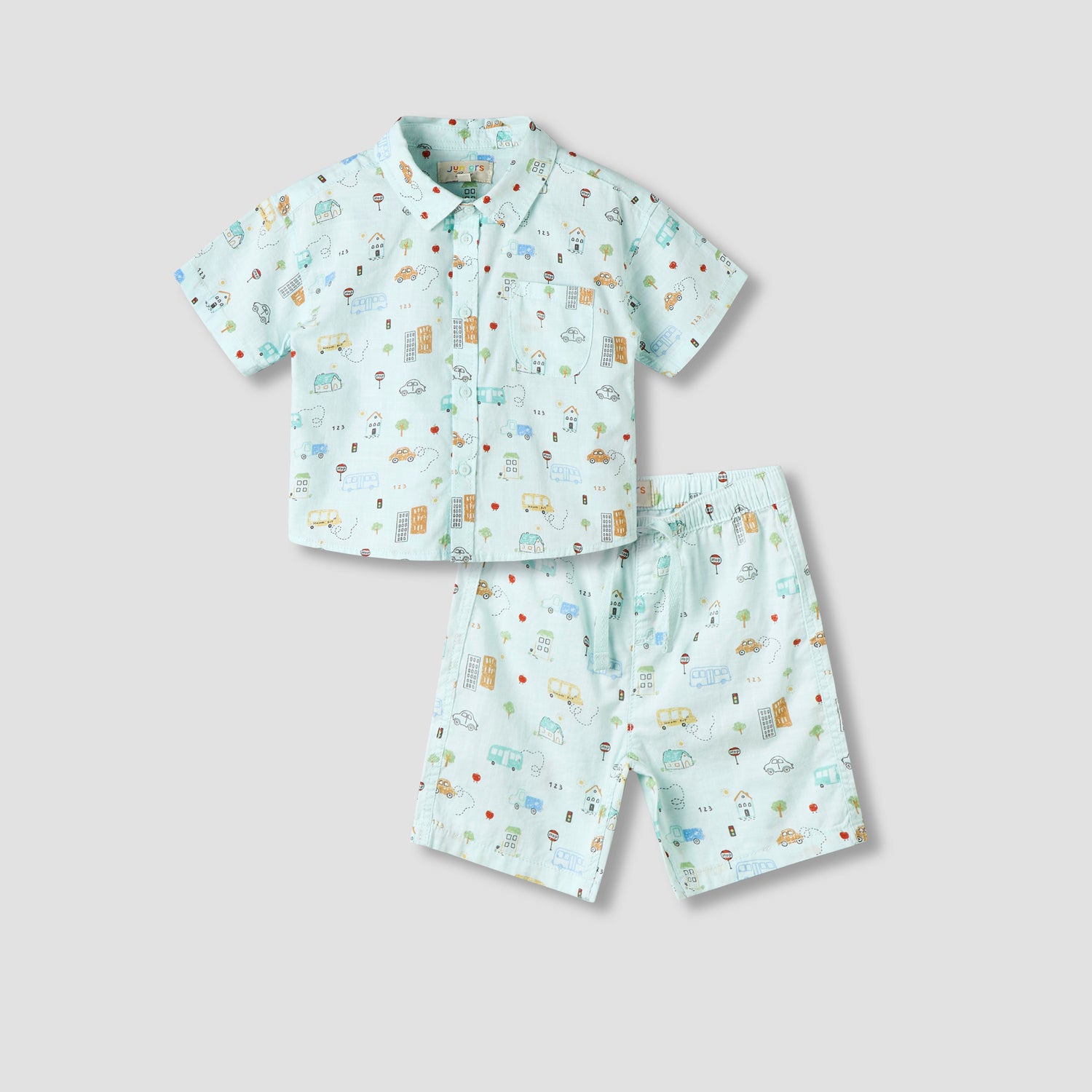 Juniors Collared Neck Short Sleeve Shirt and Shorts Set with Pocket