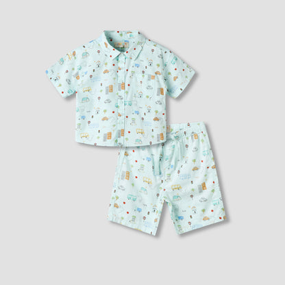 Juniors Collared Neck Short Sleeve Shirt and Shorts Set with Pocket