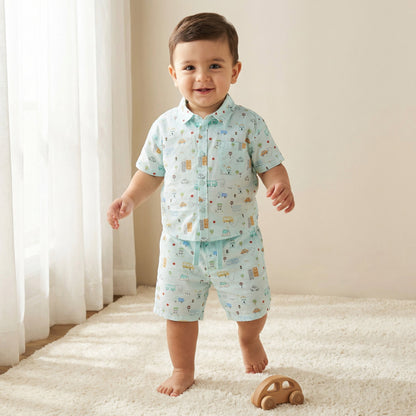 Juniors Collared Neck Short Sleeve Shirt and Shorts Set with Pocket
