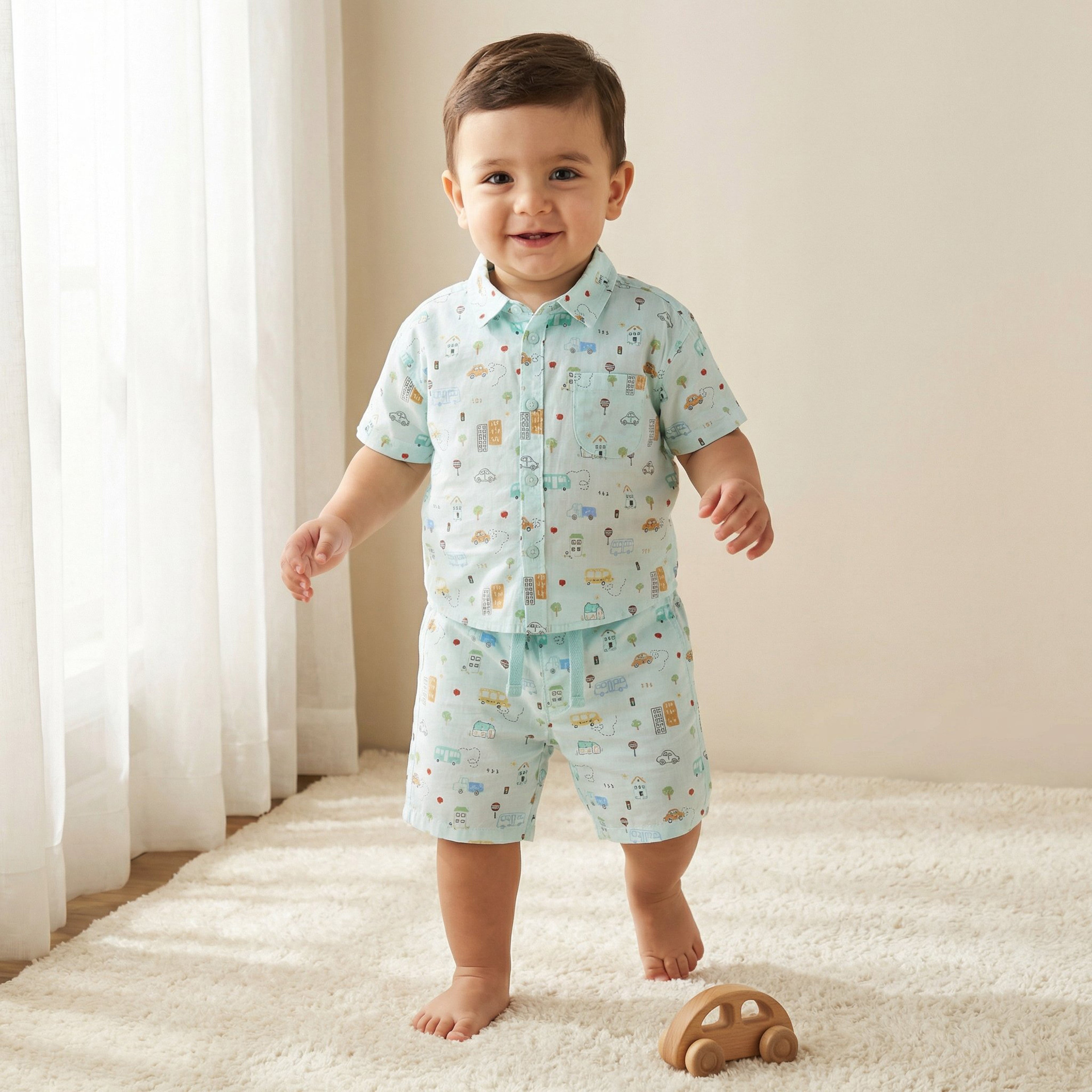 Juniors Collared Neck Short Sleeve Shirt and Shorts Set with Pocket