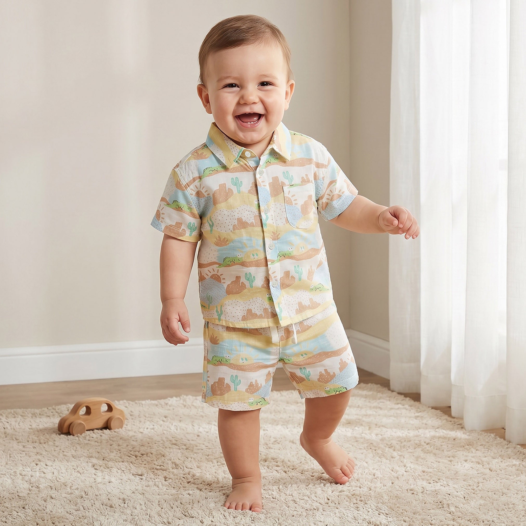 Juniors Collared Short Sleeves Shirt and Shorts Set with Desert Print