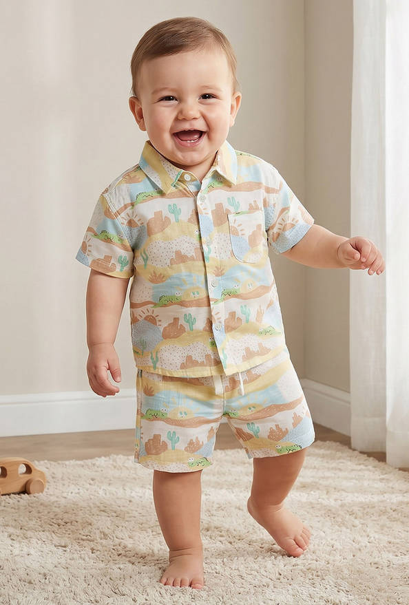 Juniors Collared Short Sleeves Shirt and Shorts Set with Desert Print