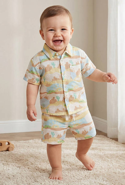 Juniors Collared Short Sleeves Shirt and Shorts Set with Desert Print