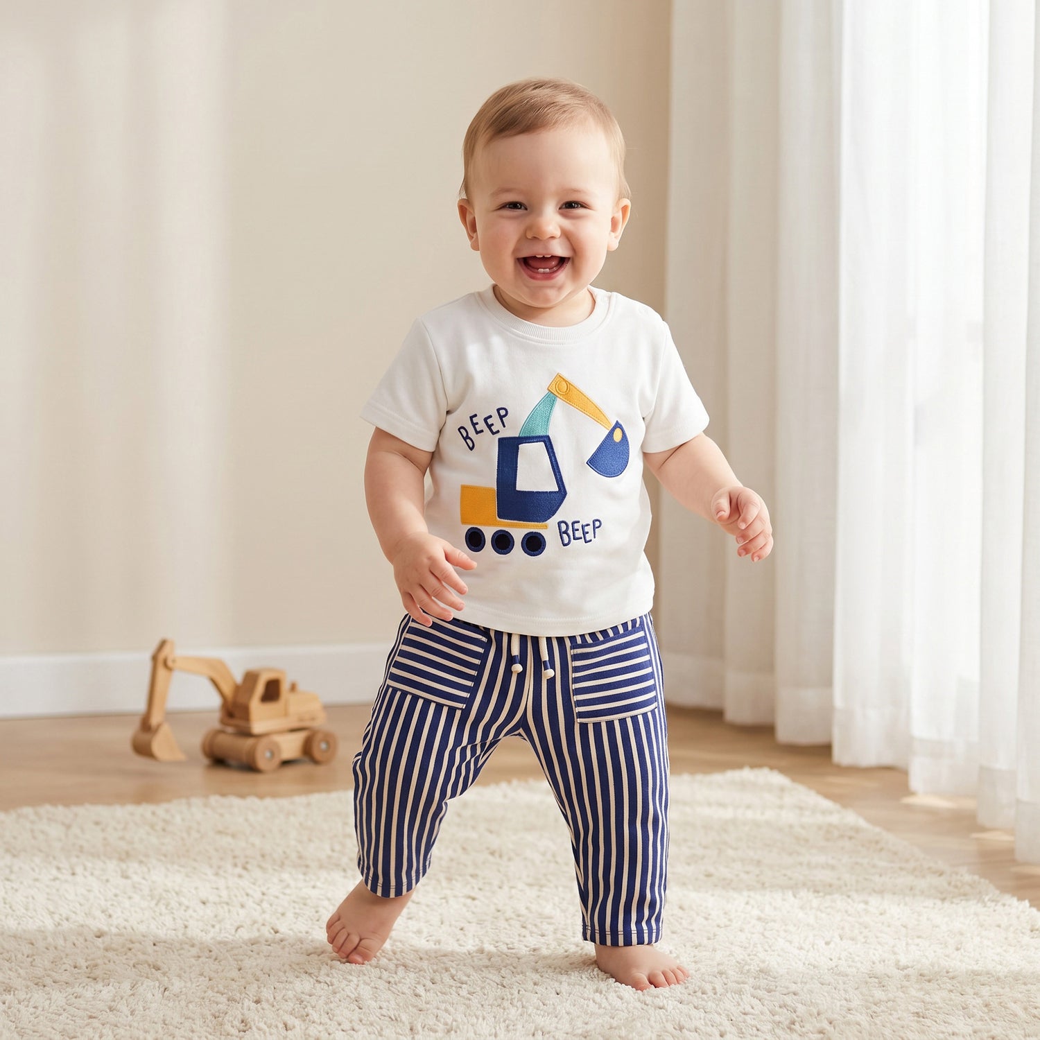 Juniors Crew Neck Short Sleeves T-shirt and Pants Set with Excavator Design - Multicolour / 12-18 mths